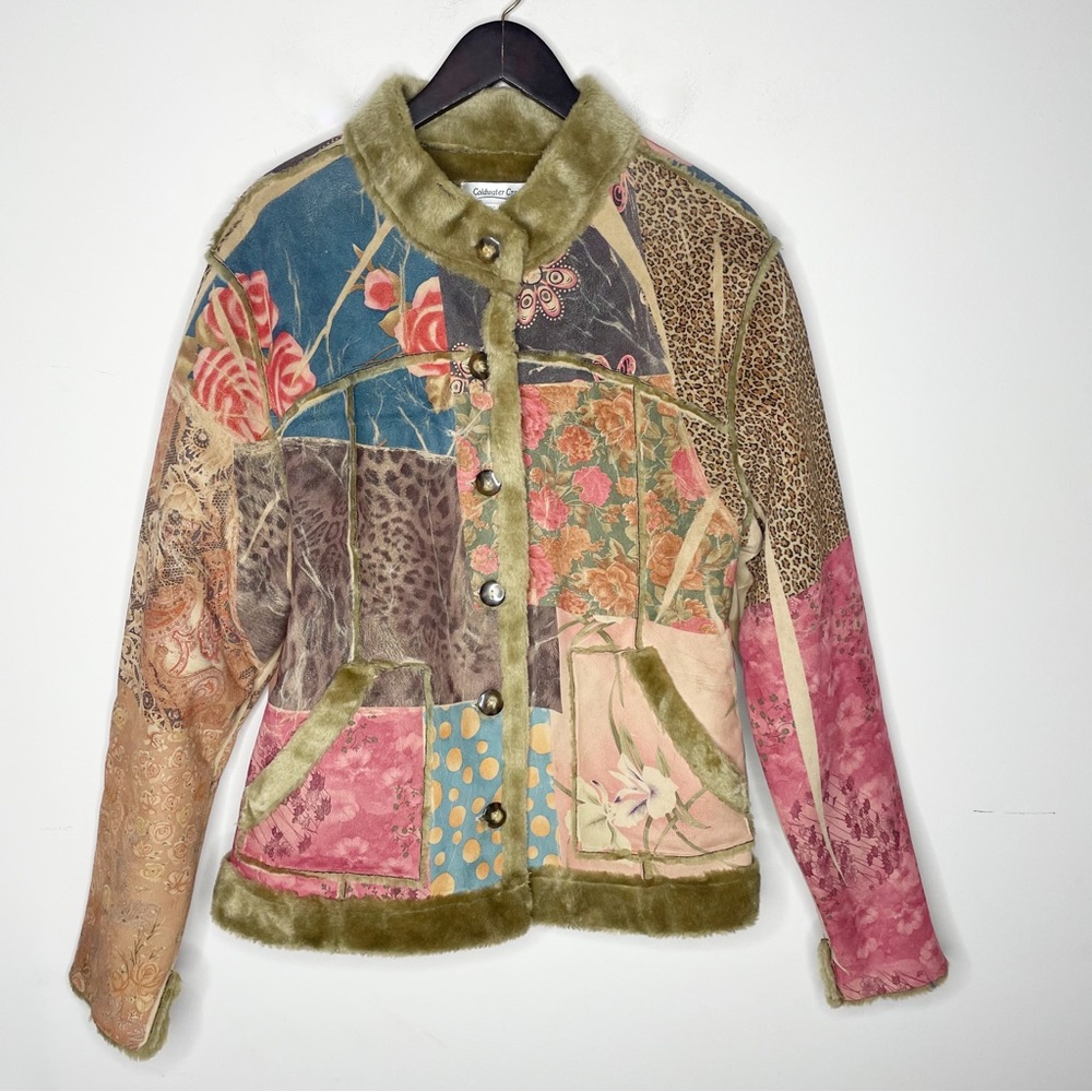 Women's Patchwork Olive Faux Fur-Trim Jacket in Bold Multicolors